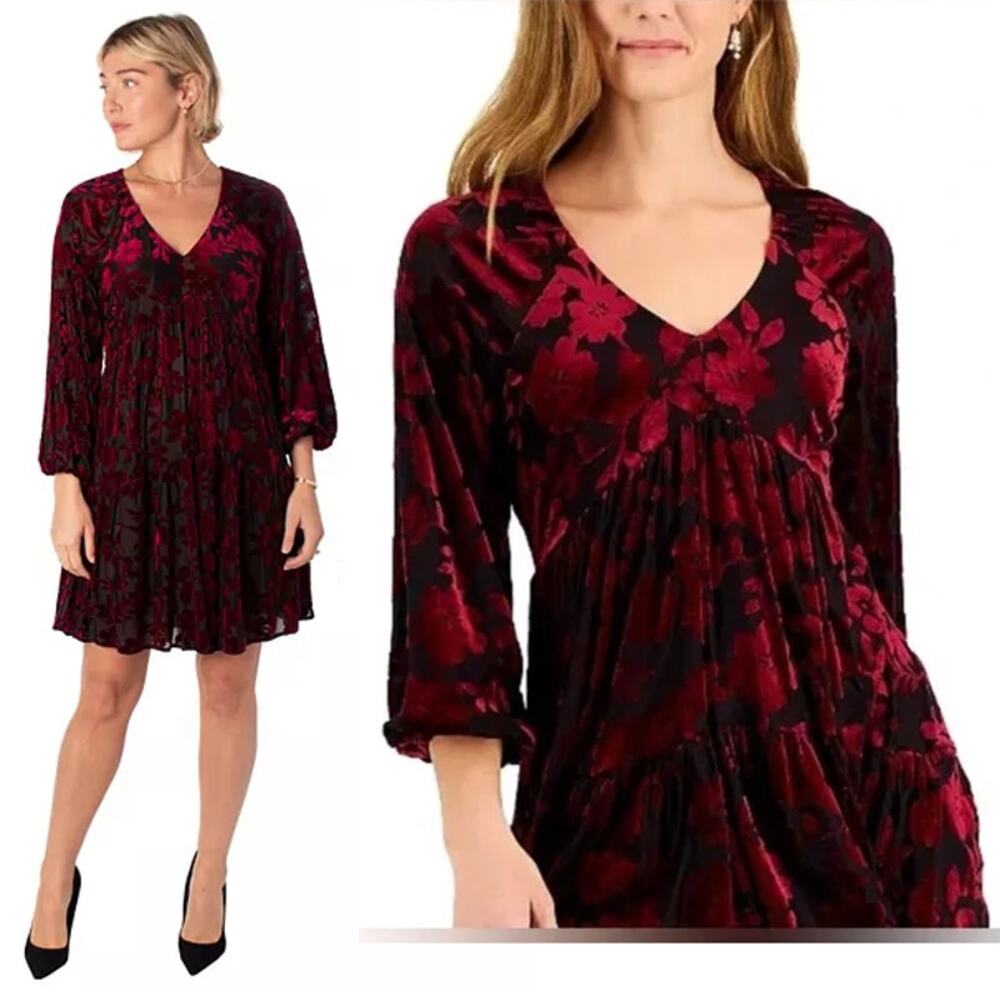 Taylor NEW Black & Burgundy Burnout Velvet Empire Waist Babydoll Dress 22W Plus